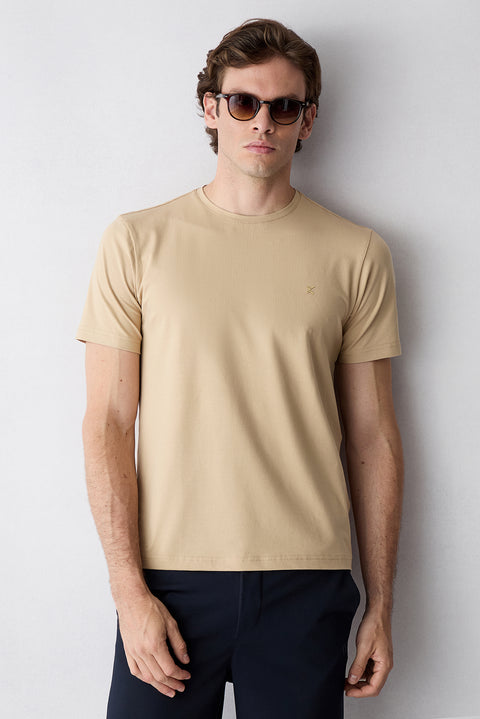 Medium Beige Crew Neck Slim Fit Soft Textured Cotton Lycra Stretch T-Shirt