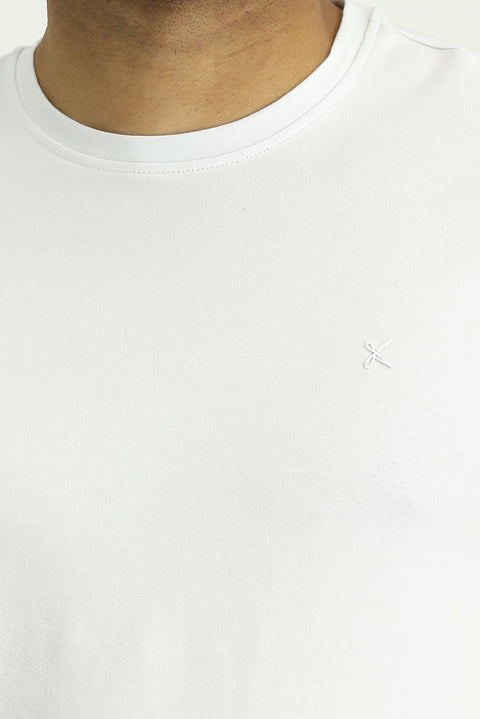 White Crew Neck Slim Fit Soft Textured Cotton Lycra Stretch T-Shirt