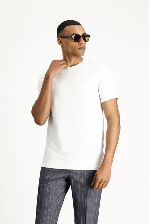 White Crew Neck Slim Fit Soft Textured Cotton Lycra Stretch T-Shirt
