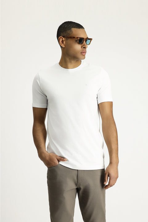 White Crew Neck Slim Fit Soft Textured Cotton Lycra Stretch T-Shirt
