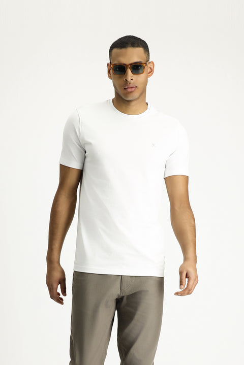White Crew Neck Slim Fit Soft Textured Cotton Lycra Stretch T-Shirt