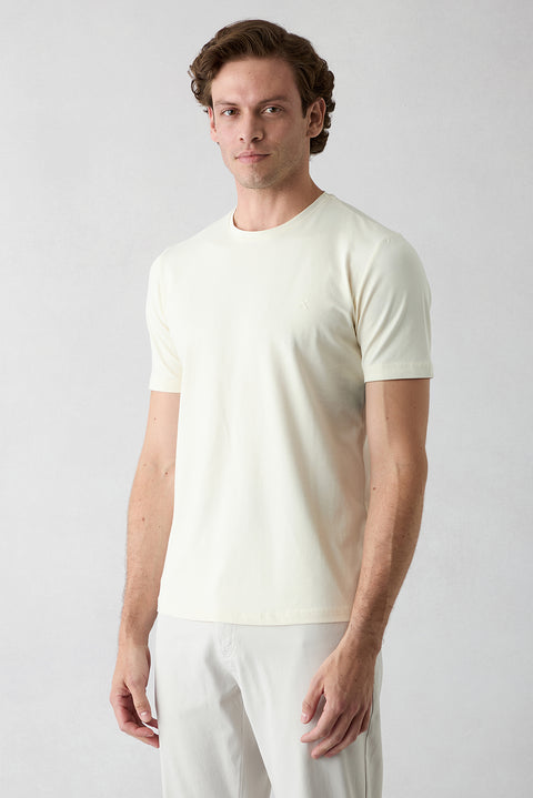 Ekru Bisiklet Yaka Slim Fit Yumuşak Dokulu Pamuklu Likralı Esnek Tişört