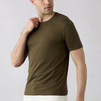 Medium Khaki Crew Neck Slim Fit Soft Textured Cotton Lycra Stretch T-Shirt