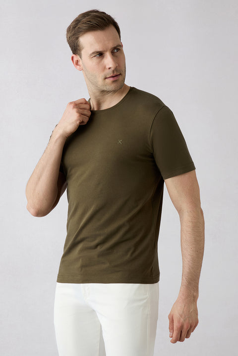 Medium Khaki Crew Neck Slim Fit Soft Textured Cotton Lycra Stretch T-Shirt