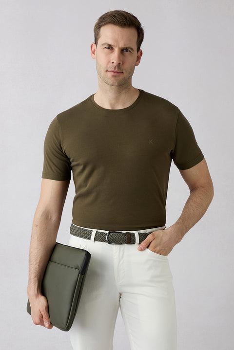 Medium Khaki Crew Neck Slim Fit Soft Textured Cotton Lycra Stretch T-Shirt