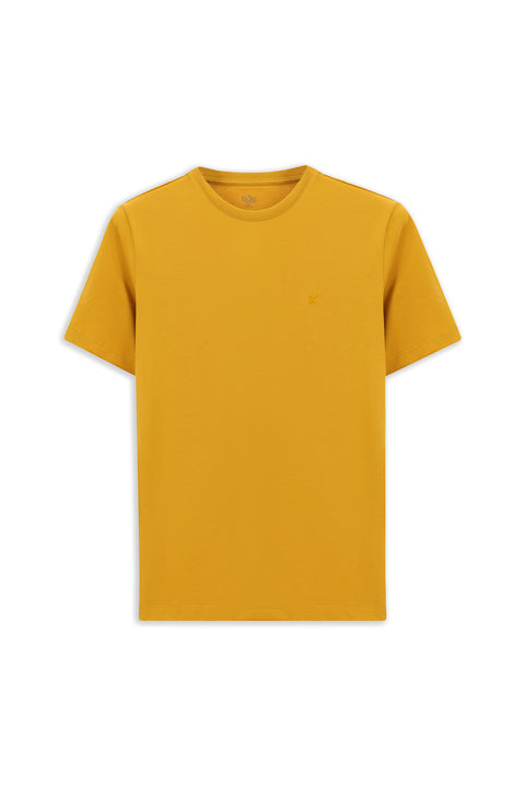 Mustard Yellow Crew Neck Slim Fit Soft Textured Cotton Lycra Stretch T-Shirt