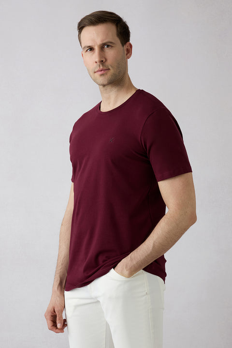 Dark Burgundy Crew Neck Slim Fit Soft Textured Cotton Lycra Stretch T-Shirt