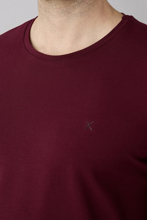 Dark Burgundy Crew Neck Slim Fit Soft Textured Cotton Lycra Stretch T-Shirt