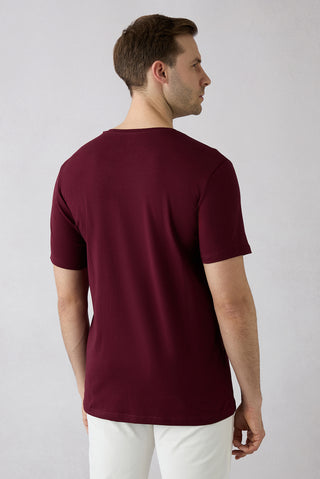  Koyu Bordo Bisiklet Yaka Slim Fit Yumuşak Dokulu Pamuklu Likralı Esnek Tişört
