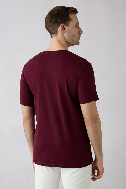 Dark Burgundy Crew Neck Slim Fit Soft Textured Cotton Lycra Stretch T-Shirt
