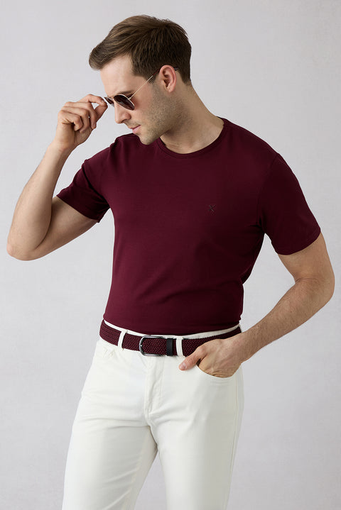 Dark Burgundy Crew Neck Slim Fit Soft Textured Cotton Lycra Stretch T-Shirt