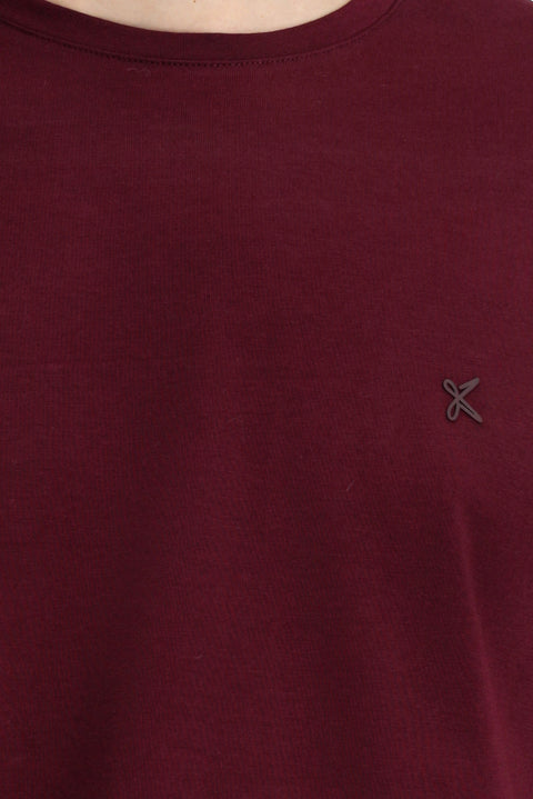 Dark Burgundy Crew Neck Slim Fit Soft Textured Cotton Lycra Stretch T-Shirt