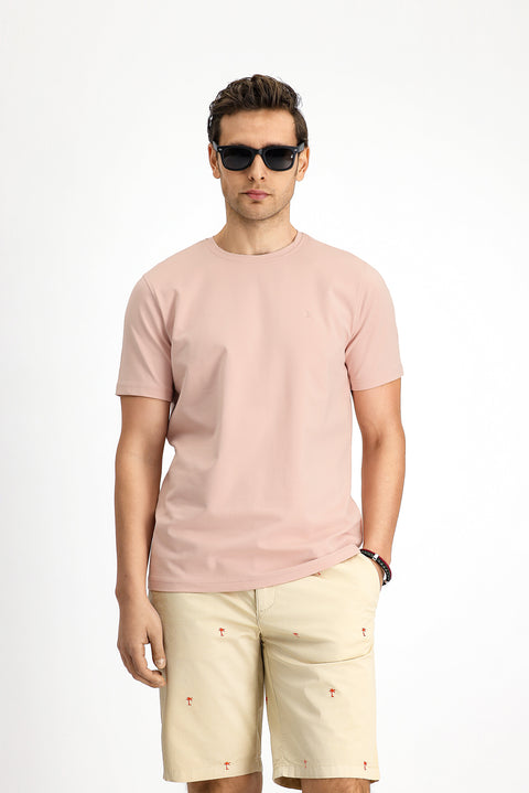 Dusty Pink Crew Neck Slim Fit Soft Textured Cotton Lycra Stretch T-Shirt