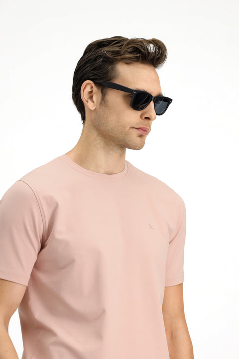 Dusty Pink Crew Neck Slim Fit Soft Textured Cotton Lycra Stretch T-Shirt