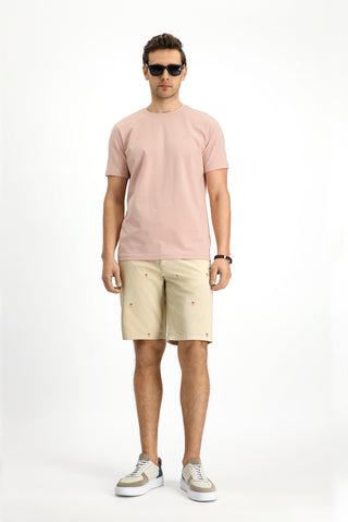  Toz Pembe Bisiklet Yaka Slim Fit Yumuşak Dokulu Pamuklu Likralı Esnek Tişört