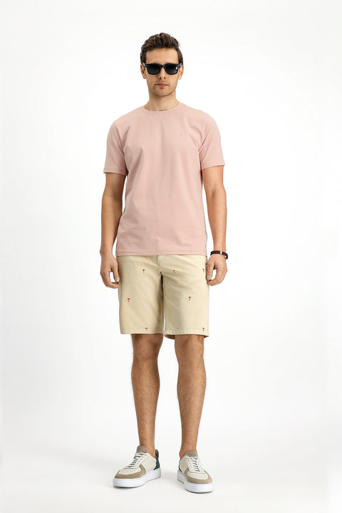 Dusty Pink Crew Neck Slim Fit Soft Textured Cotton Lycra Stretch T-Shirt