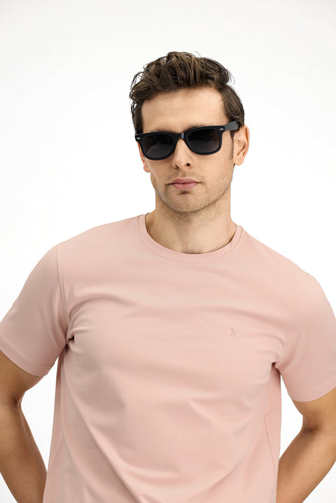 Dusty Pink Crew Neck Slim Fit Soft Textured Cotton Lycra Stretch T-Shirt