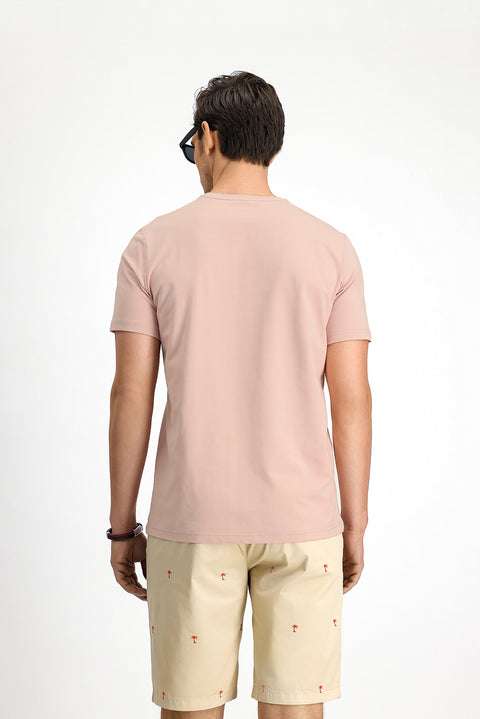 Dusty Pink Crew Neck Slim Fit Soft Textured Cotton Lycra Stretch T-Shirt