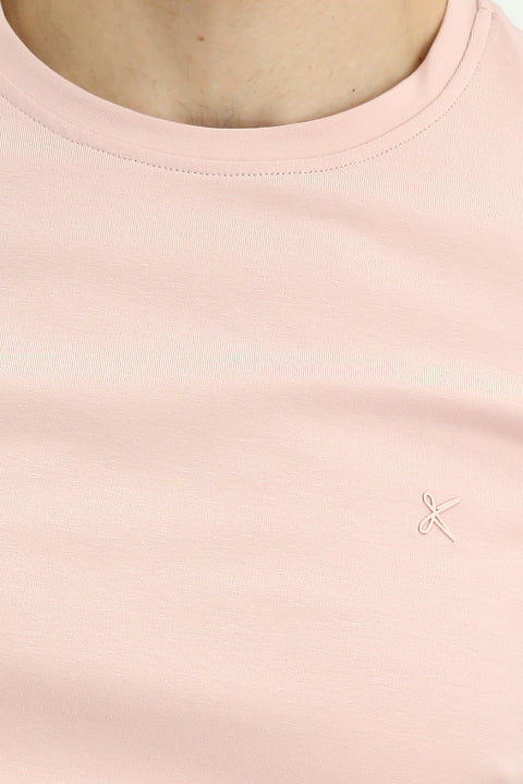 Dusty Pink Crew Neck Slim Fit Soft Textured Cotton Lycra Stretch T-Shirt
