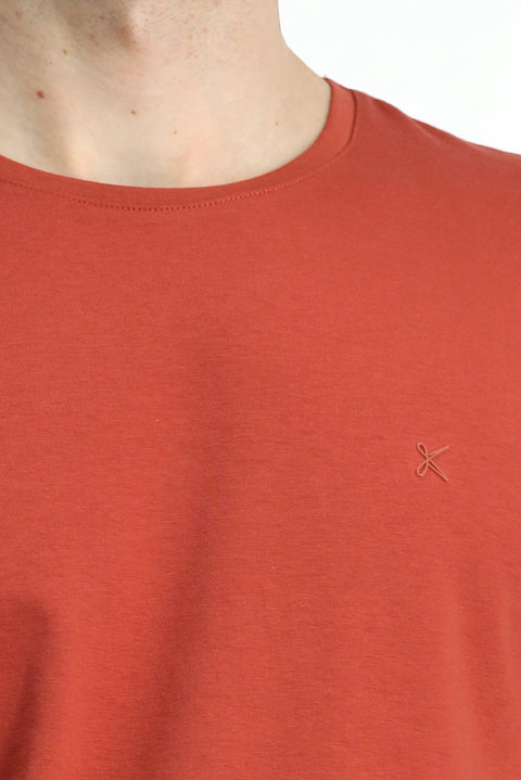 Turuncu Bisiklet Yaka Slim Fit Yumuşak Dokulu Pamuklu Likralı Esnek Tişört