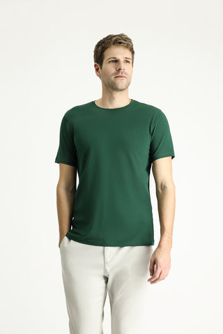  Koyu Yeşil Bisiklet Yaka Slim Fit Yumuşak Dokulu Pamuklu Likralı Esnek Tişört