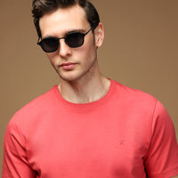 Light Red Crew Neck Slim Fit Soft Textured Cotton Lycra Stretch T-Shirt