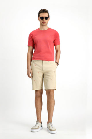  Açık Kırmızı Bisiklet Yaka Slim Fit Yumuşak Dokulu Pamuklu Likralı Esnek Tişört