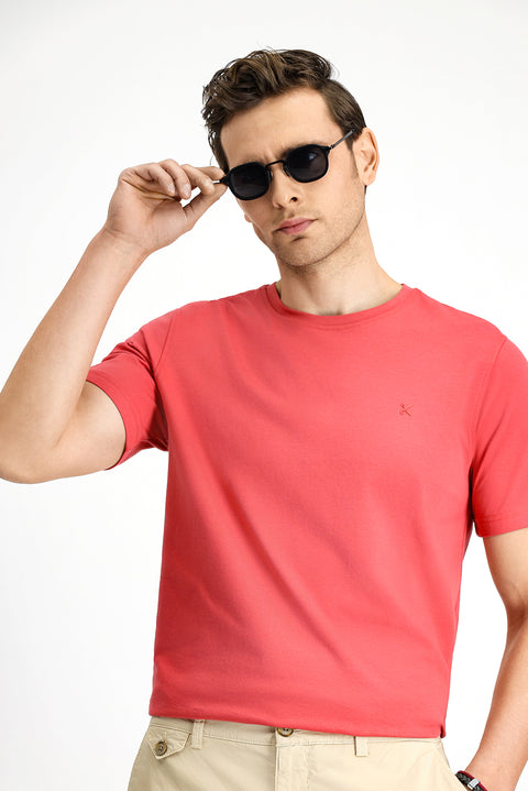 Light Red Crew Neck Slim Fit Soft Textured Cotton Lycra Stretch T-Shirt