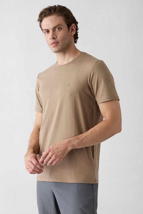 Medium Mink Crew Neck Slim Fit Soft Textured Cotton Lycra Stretch T-Shirt