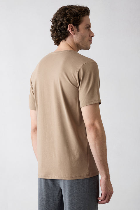 Medium Mink Crew Neck Slim Fit Soft Textured Cotton Lycra Stretch T-Shirt