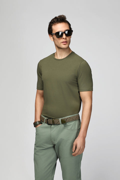 Orta Haki Bisiklet Yaka Slim Fit Dar Kesim Pamuklu Tişört