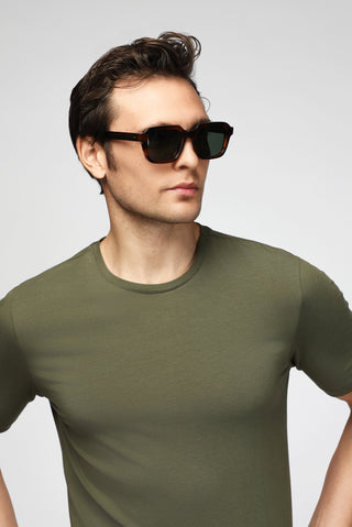  Orta Haki Bisiklet Yaka Slim Fit Dar Kesim Pamuklu Tişört
