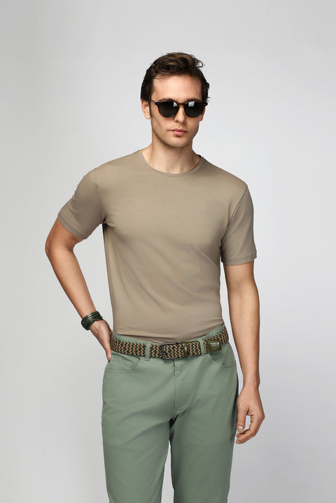 Medium Mink Crew Neck Slim Fit Narrow Cut Cotton T-Shirt