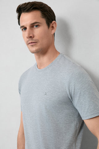  Orta Gri Melanj Bisiklet Yaka Slim Fit Dar Kesim Süprem Pamuklu Basic Tişört