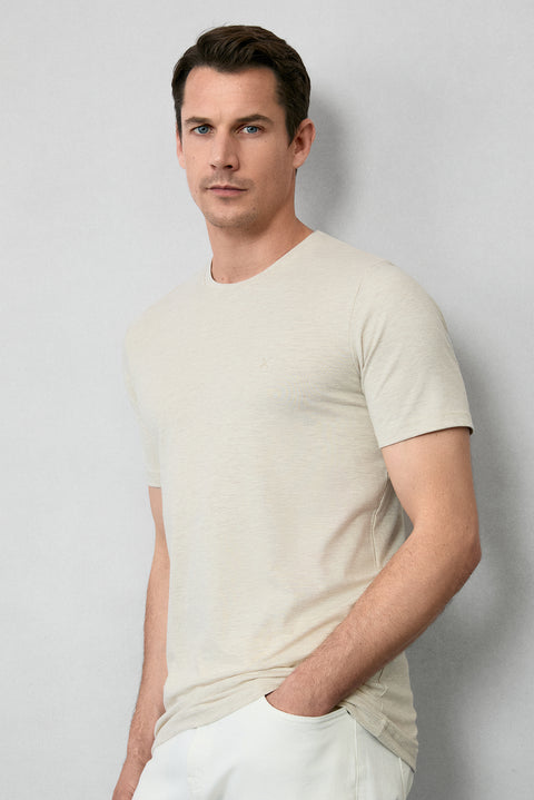 Açık Bej Melanj Bisiklet Yaka Slim Fit Süprem Pamuklu Basic Tişört