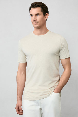  Açık Bej Melanj Bisiklet Yaka Slim Fit Dar Kesim Süprem Pamuklu Basic Tişört