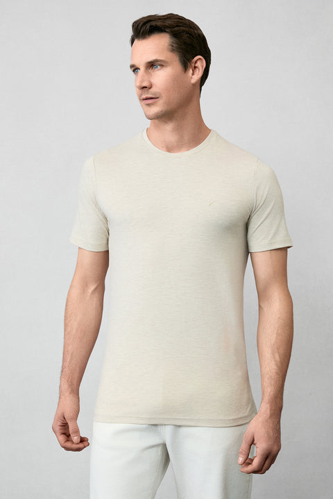 Açık Bej Melanj Bisiklet Yaka Slim Fit Süprem Pamuklu Basic Tişört