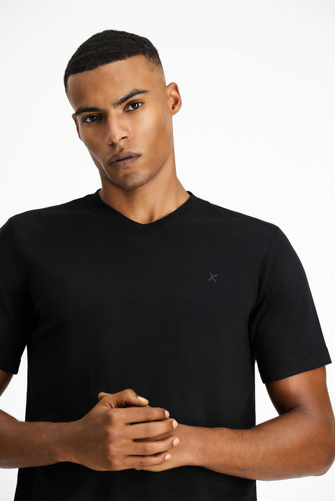 Black V-Neck Slim Fit Narrow Cut Supreme Cotton Basic T-Shirt