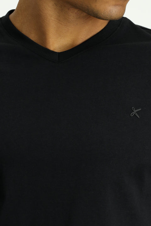Black V-Neck Slim Fit Narrow Cut Supreme Cotton Basic T-Shirt