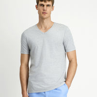 Light Grey Melange V-Neck Slim Fit Narrow Cut Supreme Cotton Basic T-Shirt
