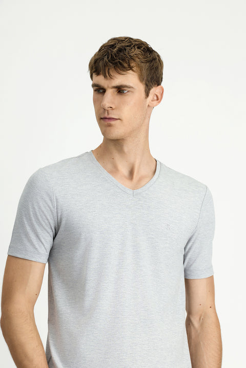Light Grey Melange V-Neck Slim Fit Narrow Cut Supreme Cotton Basic T-Shirt