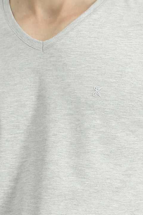 Light Grey Melange V-Neck Slim Fit Narrow Cut Supreme Cotton Basic T-Shirt
