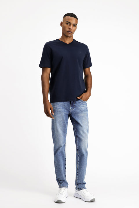 Medium Navy V-Neck Slim Fit Narrow Cut Supreme Cotton Basic T-Shirt