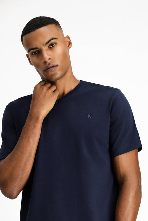 Medium Navy V-Neck Slim Fit Narrow Cut Supreme Cotton Basic T-Shirt