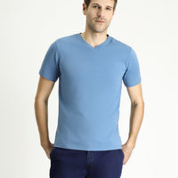 Havacı Mavi V Yaka Slim Fit Dar Kesim Süprem Pamuklu Basic Tişört