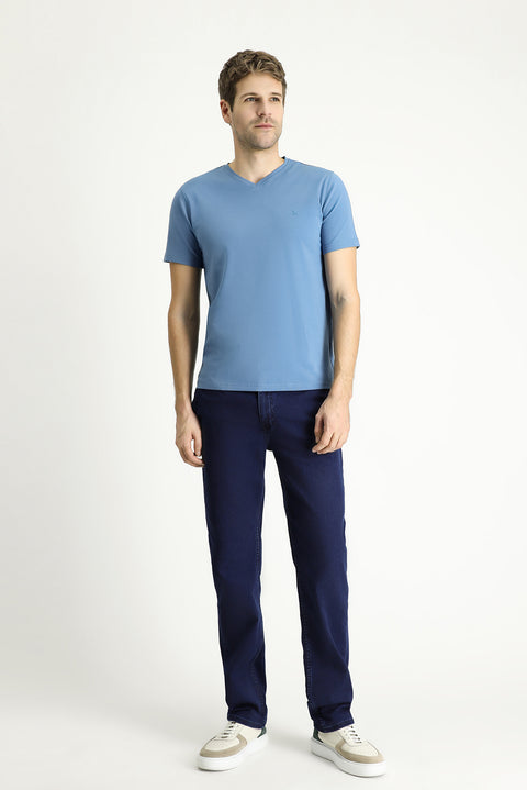 Havacı Mavi V Yaka Slim Fit Dar Kesim Süprem Pamuklu Basic Tişört