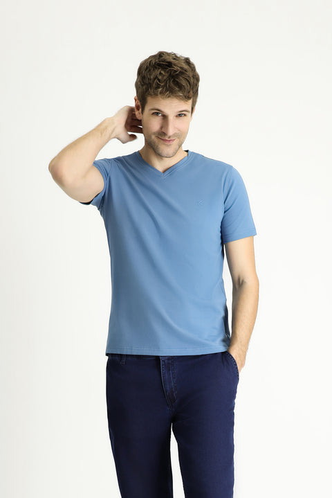 Havacı Mavi V Yaka Slim Fit Dar Kesim Süprem Pamuklu Basic Tişört