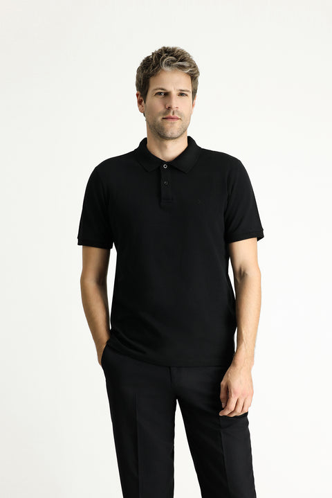 Siyah Regular Fit Nakışlı Pamuk Polo Yaka Tişört