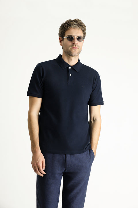 Dark Navy Regular Fit Embroidered Cotton Polo Shirt
