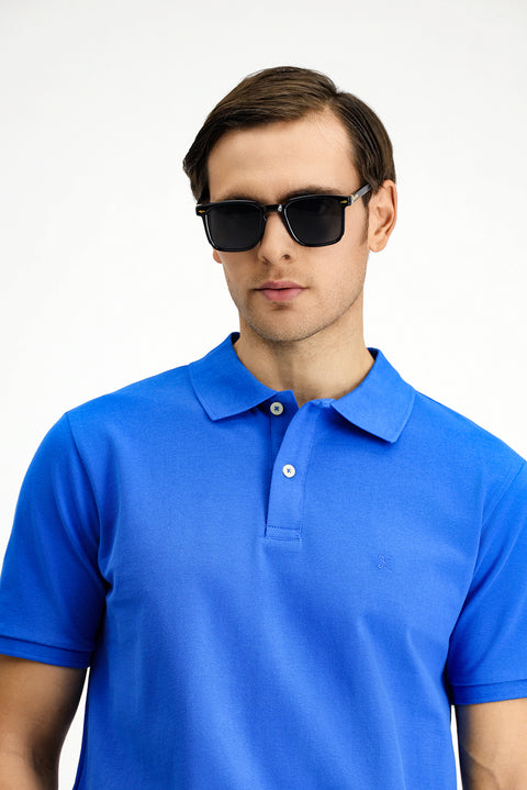 Navy Blue Regular Fit Embroidered Cotton Polo Shirt